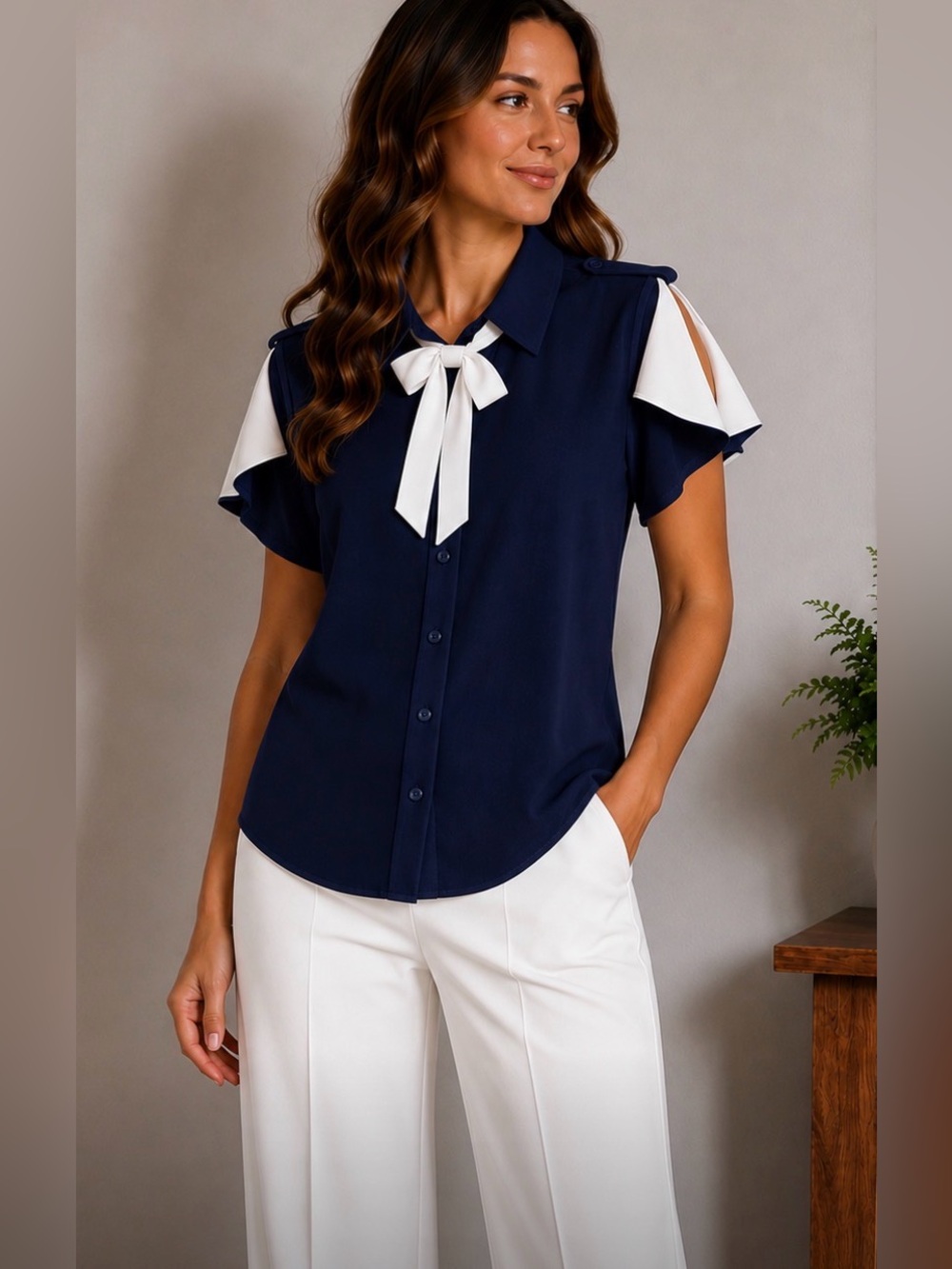 Navy Bow-Tie Cold-Shoulder Blouse with White Accents